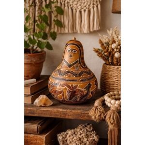Vintage South American Peru Peruvian Folk Art Storyteller Hand Carved Gourd 4"T